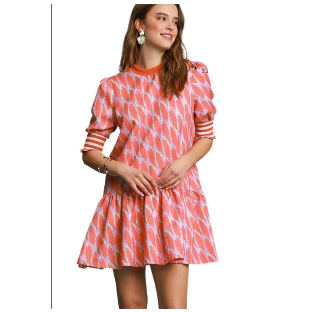 Umgee Womens Ikat Print Drop Waist Mini Dress Coral Orange Puff Sleeve Zip M